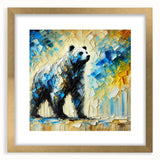 Full-body abstract oil painting of a bear in a gold frame with a mat, showcasing vibrant colors and bold brushstrokes, perfect for modern art lovers.