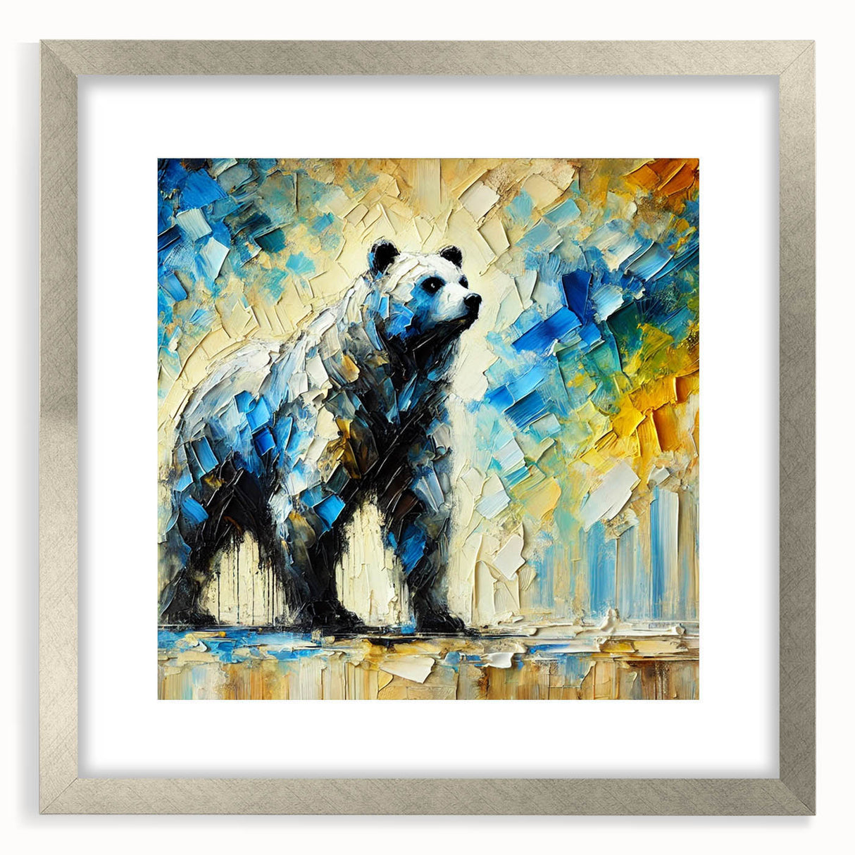 Full-body abstract oil painting of a bear framed with a silver mat, showcasing vibrant colors and dynamic brush strokes, perfect for modern home decor.