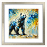 Full-body abstract oil painting of a bear framed with a silver mat, showcasing vibrant colors and dynamic brush strokes, perfect for modern home decor.