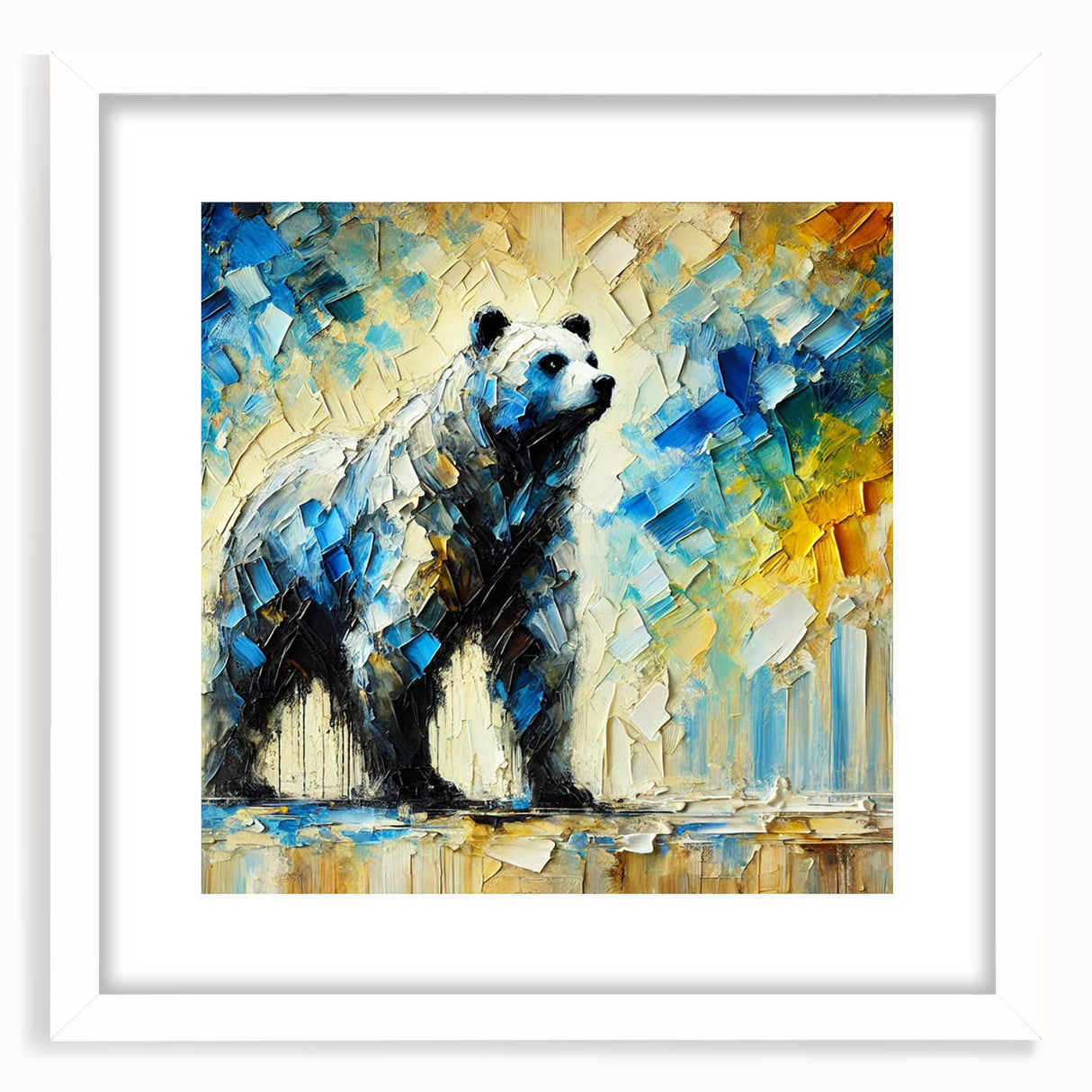 Full-body abstract oil painting of a bear, framed with a white mat, showcasing vibrant colors and expressive brushstrokes, perfect for contemporary decor.