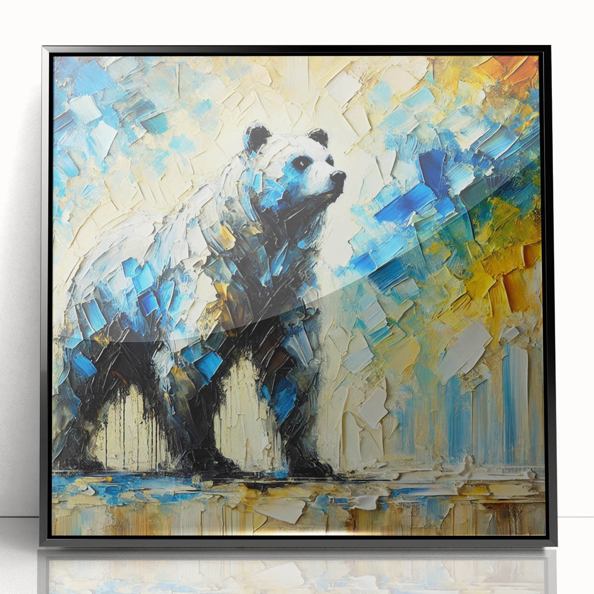 Full-body abstract oil painting of a bear, showcasing vibrant colors and dynamic brush strokes, elegantly framed in black acrylic for a modern art display.