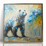 Full-body abstract oil painting of a bear in vibrant colors, framed with a gold acrylic border, showcasing artistic brush strokes and creative design elements.