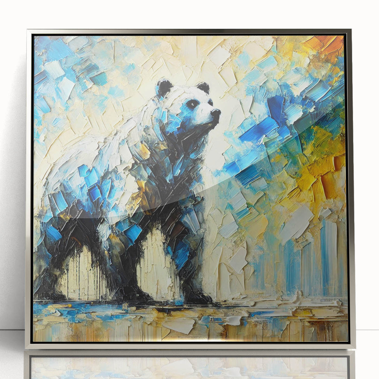 Abstract oil painting of a bear in vibrant colors, displayed in a sleek silver frame, showcasing a modern artistic interpretation perfect for contemporary decor.