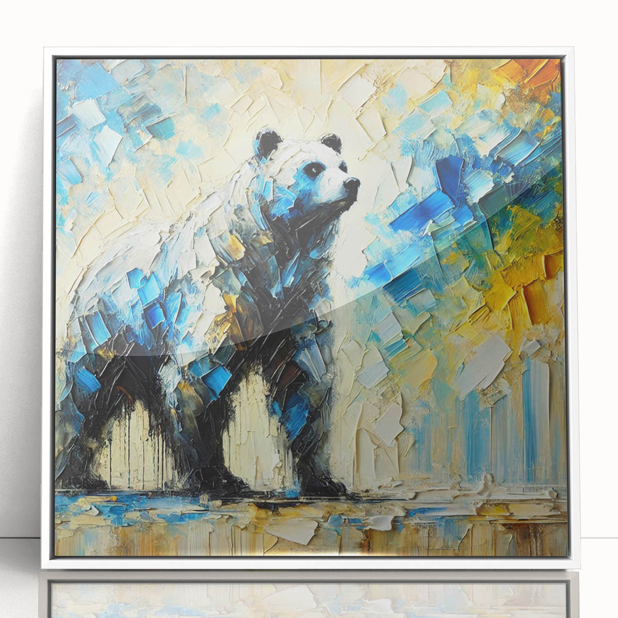 Full-body abstract oil painting of a bear in vibrant colors, displayed in a sleek white frame, showcasing modern artistic design suitable for contemporary decor.