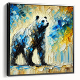 Full-body abstract oil painting of a bear in a black frame, showcasing vibrant colors and dynamic brush strokes, ideal for modern home decor.