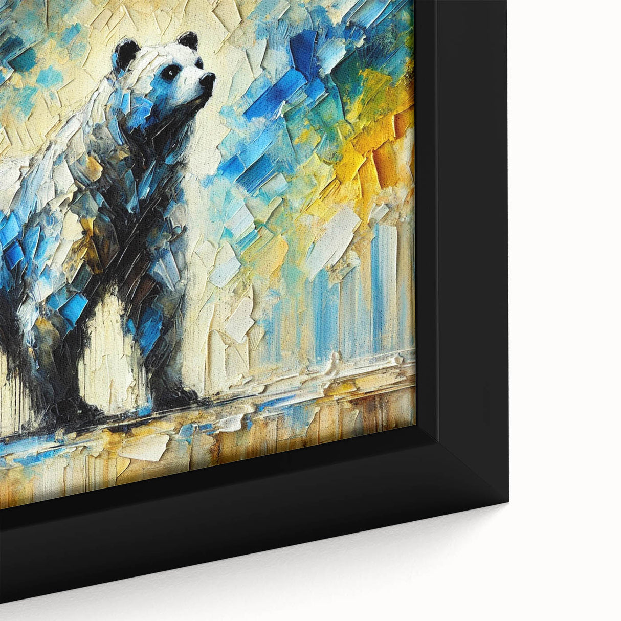 Full-body abstract oil painting of a bear, showcasing vibrant colors and dynamic brush strokes on a framed canvas, ideal for modern home decor.