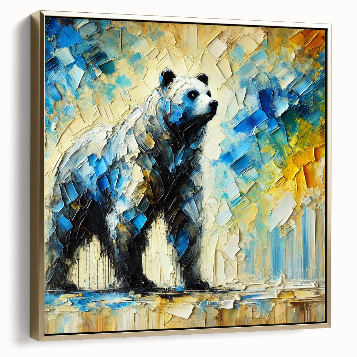 Full-body abstract oil painting of a bear on a framed canvas, showcasing vibrant colors and intricate textures, ideal for modern home decor. The artwork features a striking gold frame that enhances its visual appeal, making it a perfect statement piece for any room.