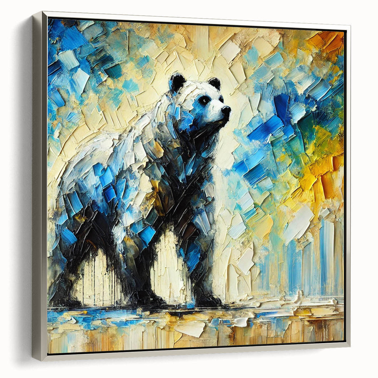 Full-body abstract oil painting of a bear displayed in a silver frame, showcasing vibrant colors and intricate brushwork, perfect for modern art lovers.