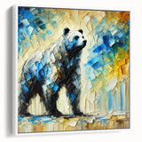 Full-body abstract oil painting of a bear, showcasing vibrant colors and dynamic brush strokes, presented on a white-framed canvas for modern decor.