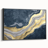 Colorful abstract canvas print showcasing vibrant geometric shapes in shades of blue, orange, and yellow, perfect for modern home decor.