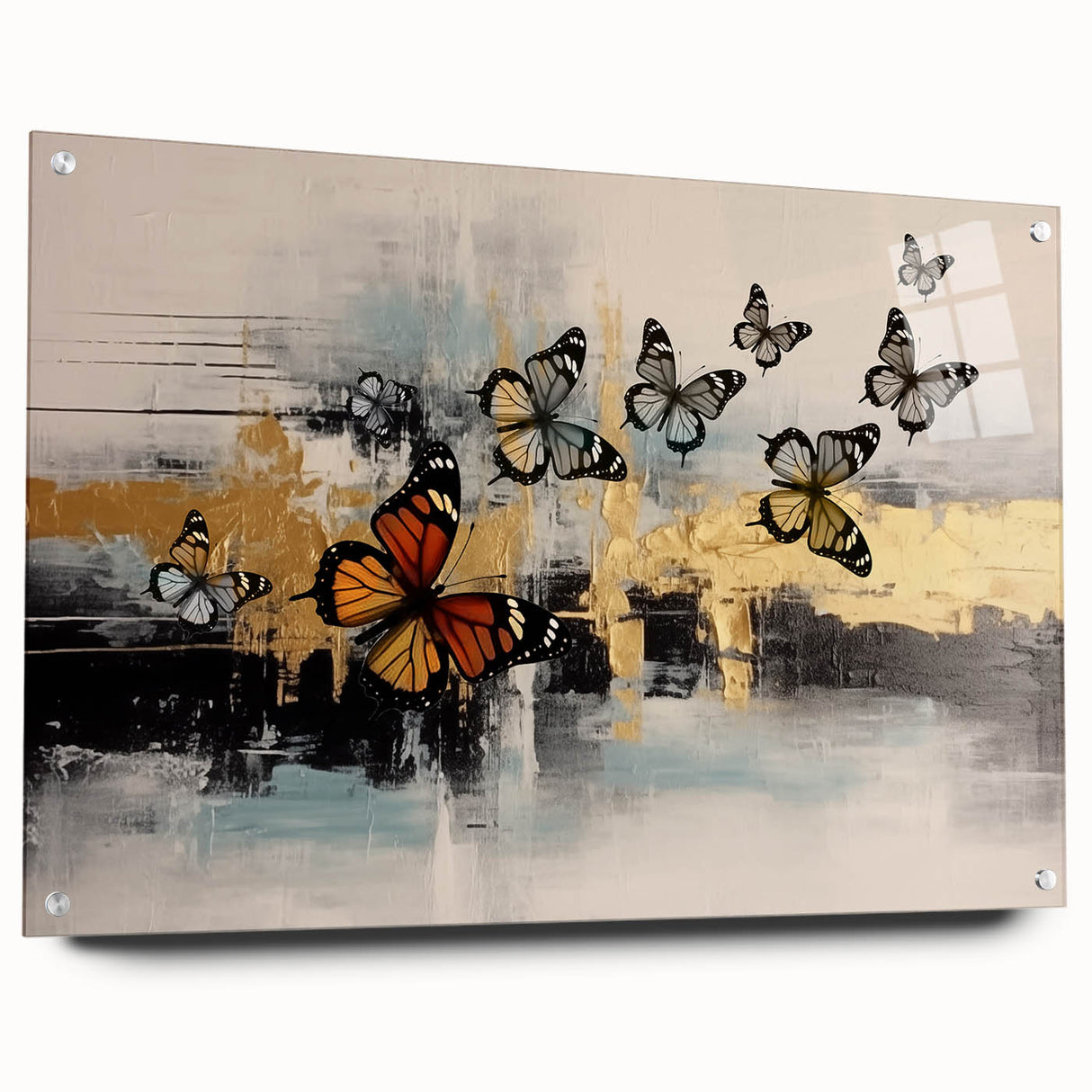Abstract wall art featuring vibrant colors and dynamic shapes, perfect for modern home decor, displayed on a textured canvas.