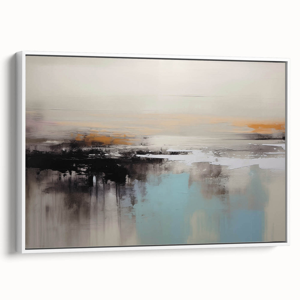 Colorful abstract wall art print featuring vibrant swirls of blue, orange, and yellow tones on canvas, perfect for modern home decor or office spaces.