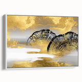 Abstract wall art canvas featuring vibrant geometric patterns in blue, orange, and yellow hues, elegantly rolled and packaged in a protective cardboard tube. Ideal for modern decor.