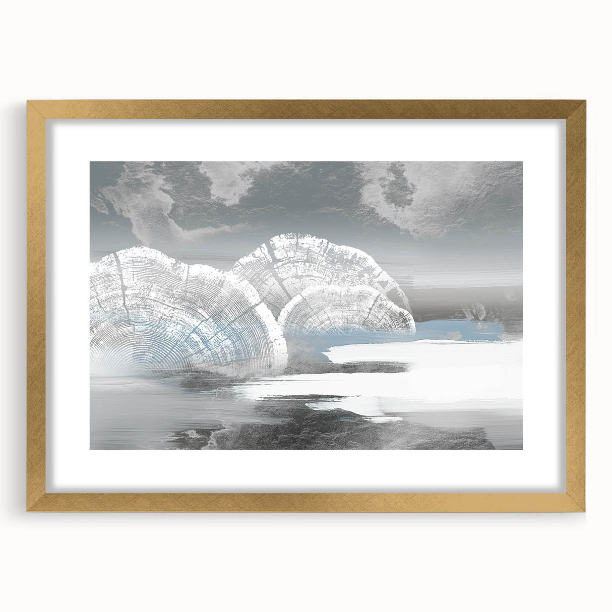 Abstract wall art canvas featuring vibrant geometric patterns in shades of blue, orange, and yellow, rolled and secured in a protective cardboard tube for shipping.