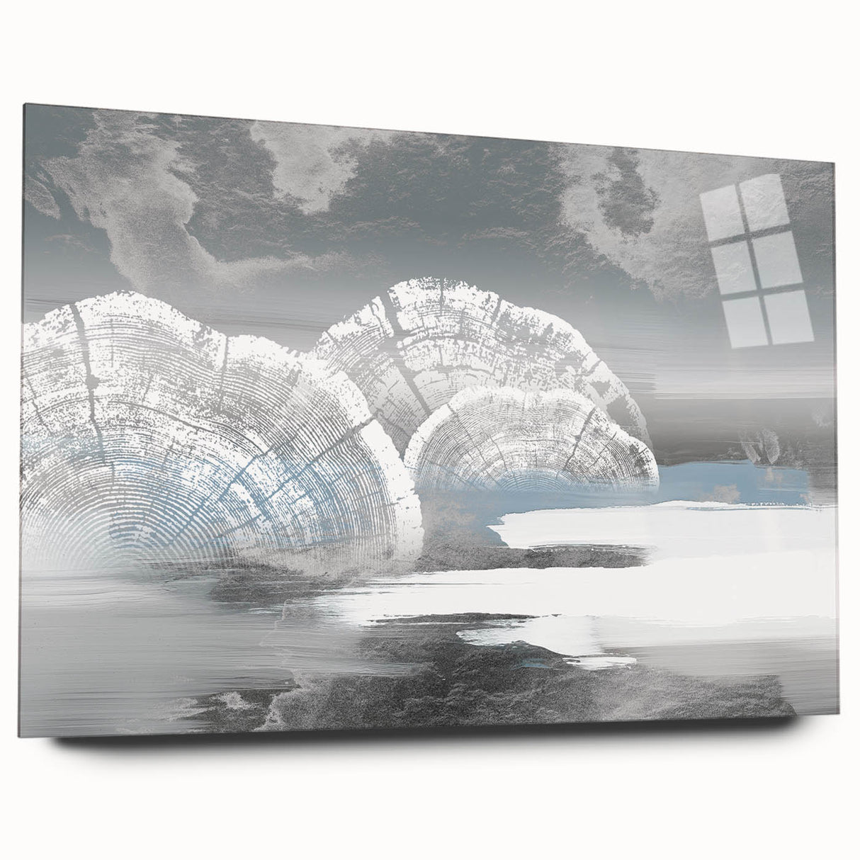 Abstract wall art canvas print showcasing vibrant geometric patterns in shades of blue, orange, and yellow, elegantly rolled and ready for display. Perfect for modern home decor.