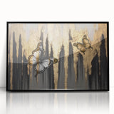 Colorful abstract wall art print showcasing vibrant shapes and fluid lines in hues of blue, orange, and yellow, ideal for modern decor.