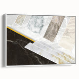 Abstract wall art canvas featuring vibrant geometric patterns in shades of blue, orange, and yellow, rolled and secured in a protective cardboard tube for delivery.