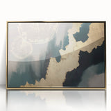 Abstract wall art canvas featuring vibrant splashes of blue, orange, and yellow with intricate geometric patterns, perfect for modern home decor.