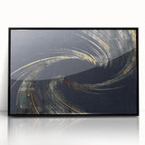Vibrant abstract canvas artwork showcasing swirling colors of blue, orange, and yellow, ideal for modern home decor and art enthusiasts.