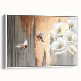 Abstract wall art canvas featuring vibrant blue, orange, and yellow geometric patterns, designed to enhance modern interior spaces, rolled and ready for display.