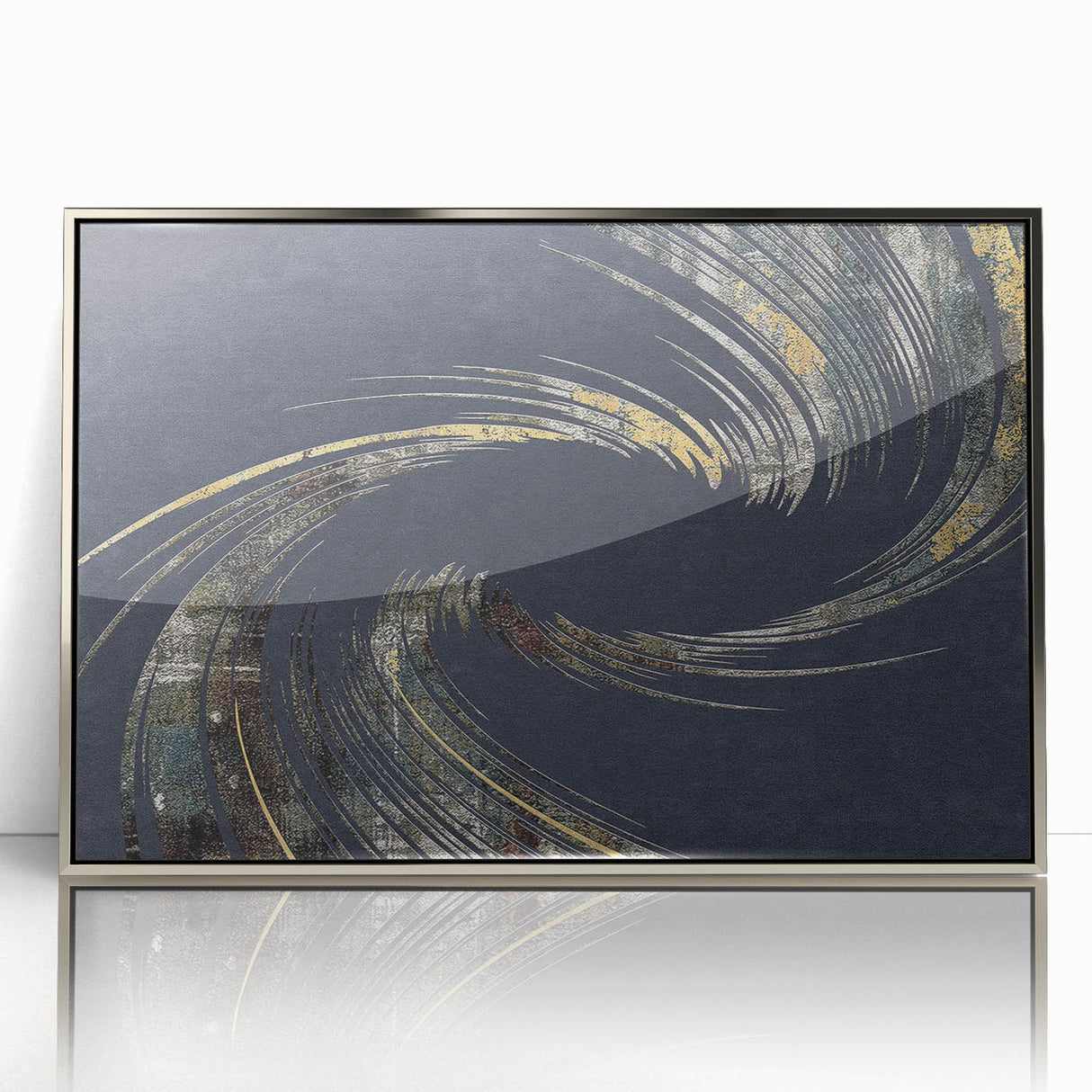 Colorful abstract wall art canvas print showcasing vibrant swirling patterns in shades of blue, orange, and yellow, designed for modern decor.