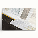 Abstract art canvas print in vibrant hues of blue, orange, and yellow, showcasing dynamic shapes and fluid lines, ideal for modern home decor.