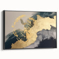 Colorful abstract canvas art showcasing vibrant geometric shapes and fluid lines in shades of blue, orange, and yellow, adding a modern touch to any decor.