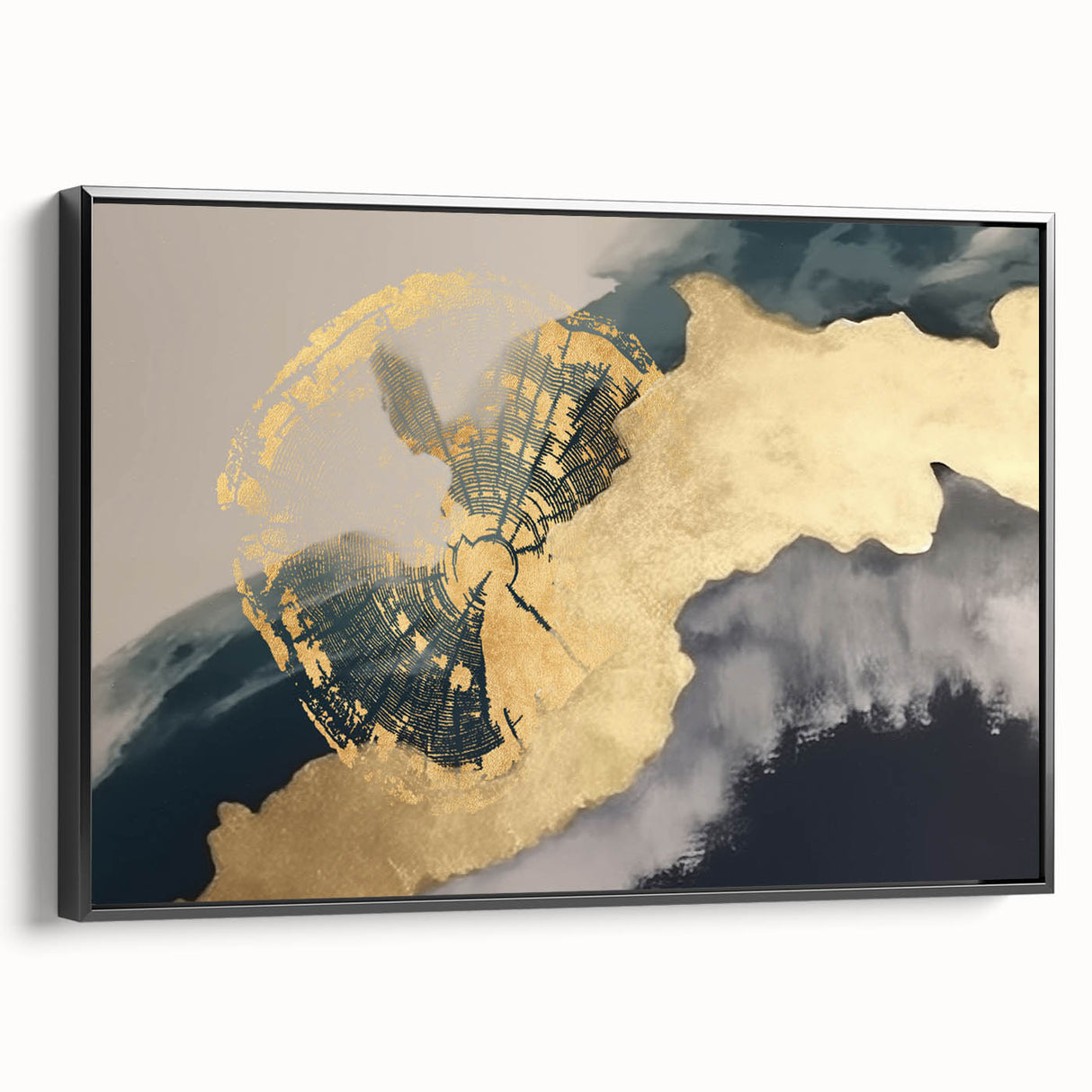 Colorful abstract canvas art showcasing vibrant geometric shapes and fluid lines in shades of blue, orange, and yellow, adding a modern touch to any decor.