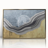 Abstract wall art on a canvas featuring vibrant blue and orange hues, showcasing dynamic geometric shapes and fluid patterns, ideal for modern decor.