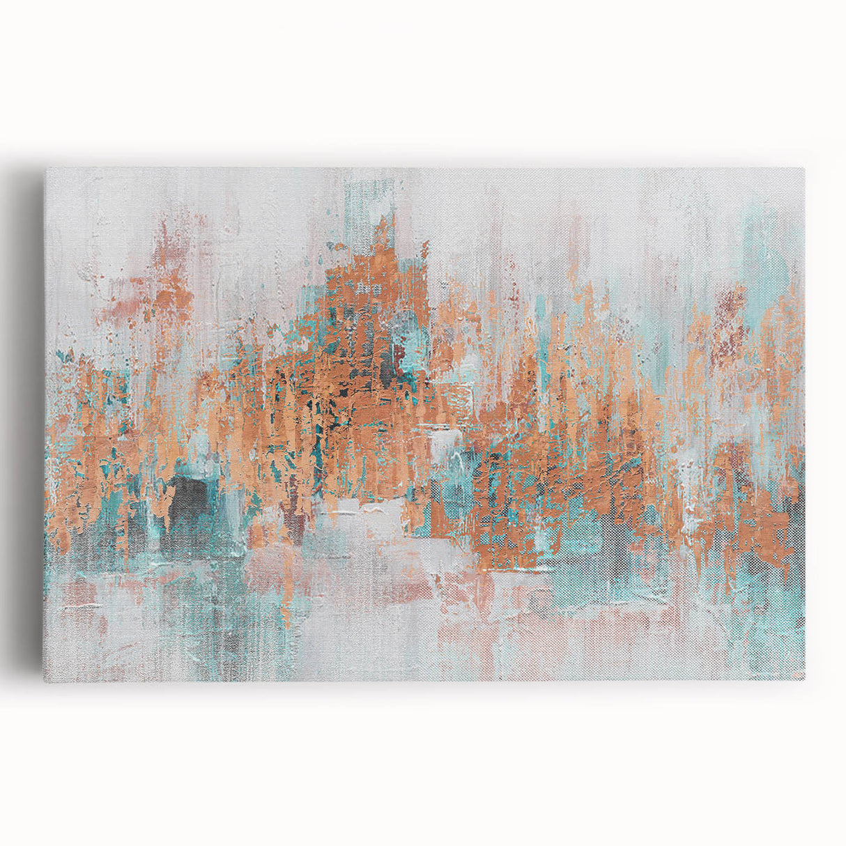 Abstract wall art canvas print showcasing vibrant colors and dynamic shapes, perfect for modern home decor and artistic expression. The piece features a fluid design with swirling patterns in hues of blue, orange, and yellow, creating an energetic focal point for any room.