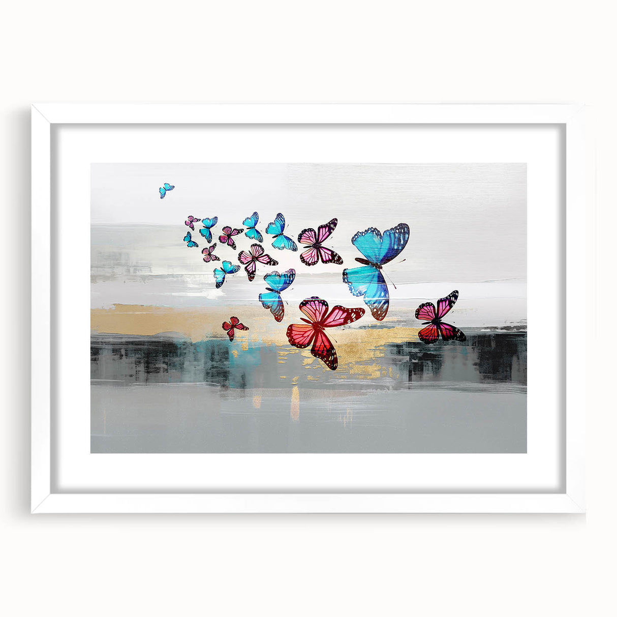 Colorful abstract wall art print showcasing swirling shapes in vibrant hues of blue, orange, and yellow, perfect for modern decor.