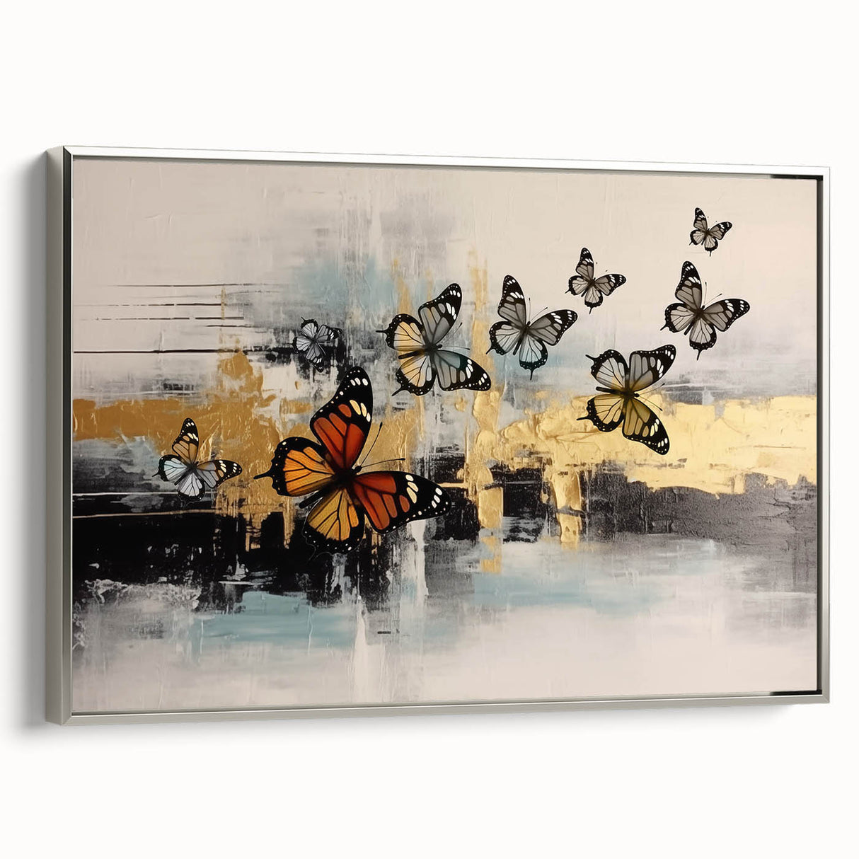 Abstract canvas art print showcasing vibrant geometric shapes in shades of blue, orange, and yellow, ideal for modern home decor.