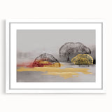 Vibrant abstract wall art print showcasing bold brush strokes in shades of blue, orange, and yellow, ideal for modern home decor and artistic interiors.