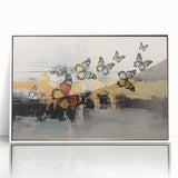 Vibrant abstract wall art print showcasing dynamic swirls of blue, orange, and yellow colors, perfect for modern home decor.