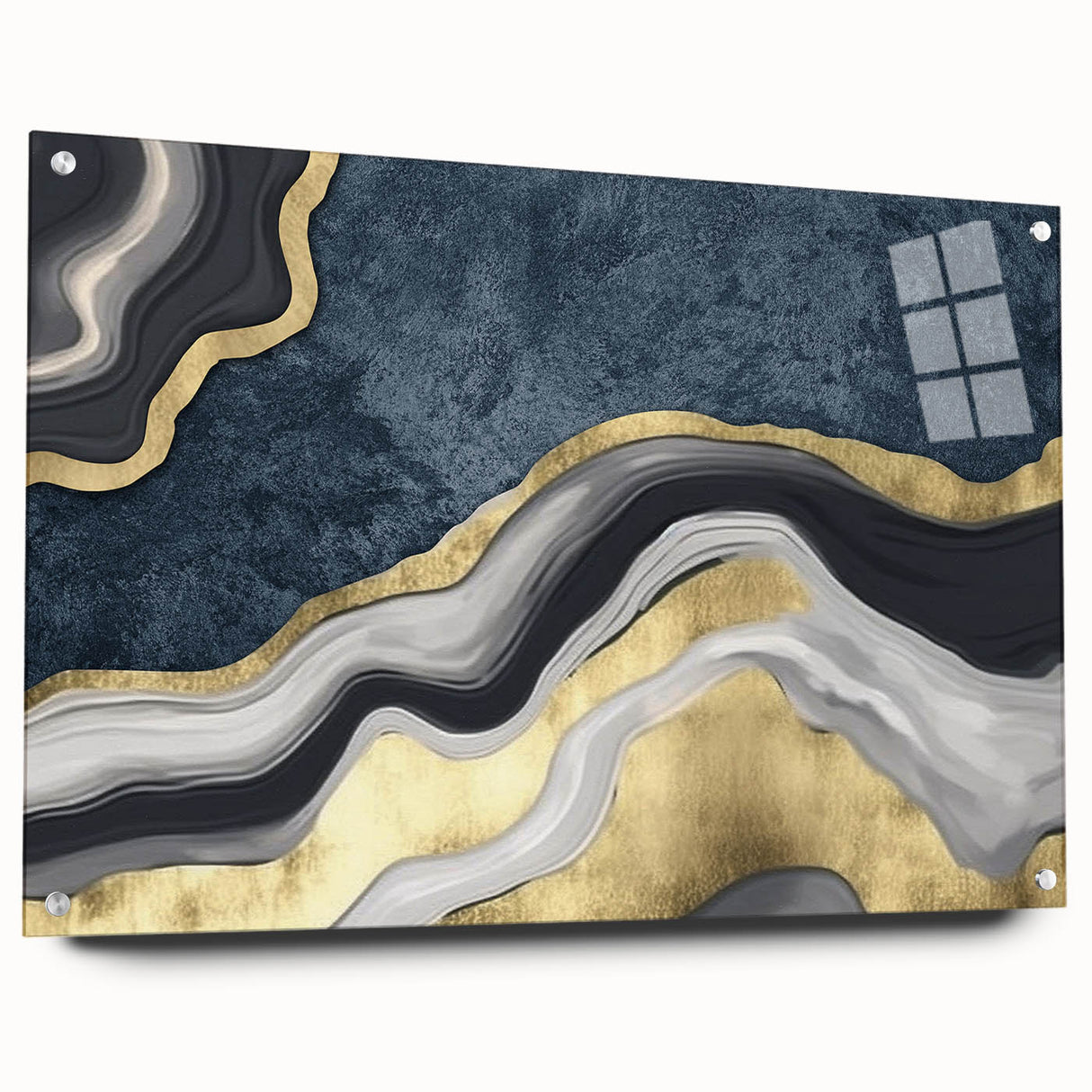 Abstract wall art featuring vibrant splashes of blue, orange, and yellow hues on a textured canvas, ideal for contemporary decor.