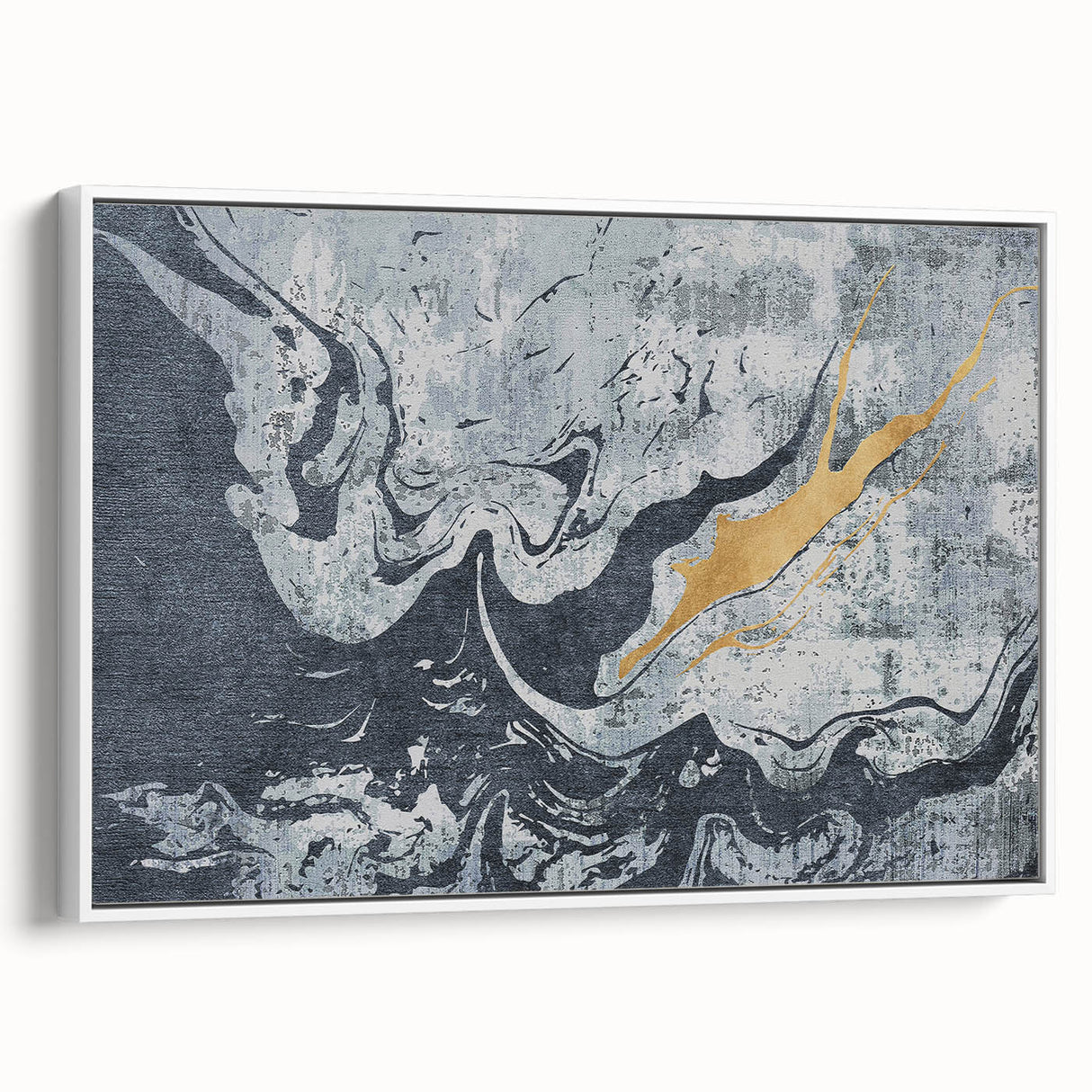 Abstract wall art print on canvas showcasing vibrant geometric shapes in shades of blue, orange, and yellow, elegantly rolled and ready for display.