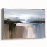 Vibrant abstract canvas artwork showcasing swirling colors of blue, orange, and yellow, ideal for modern home decor or artistic spaces.