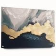 Abstract wall art canvas showcasing vibrant geometric patterns in shades of blue, orange, and yellow, rolled and securely packaged in a protective tube for easy shipping.