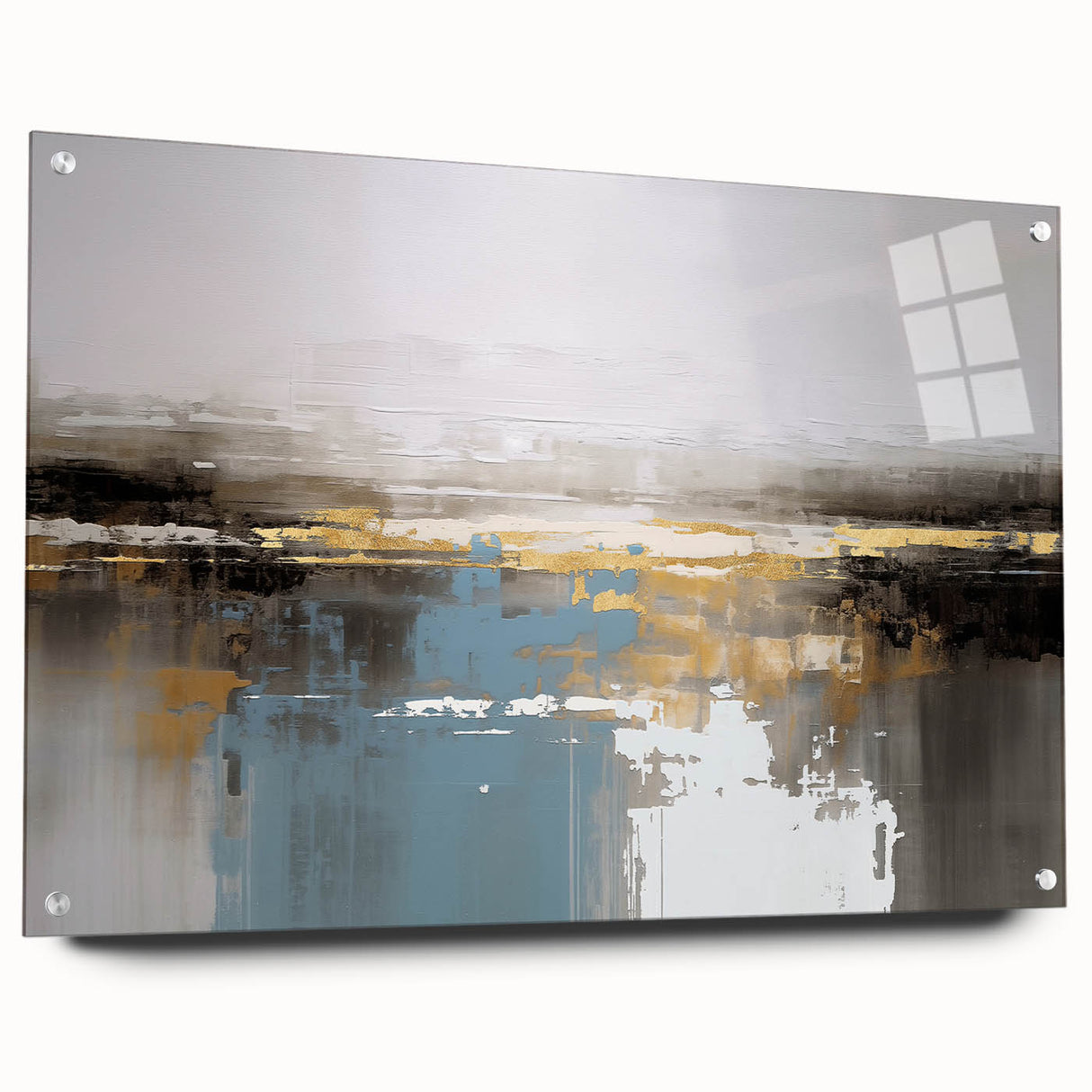 Abstract wall art canvas featuring vibrant geometric patterns in blue, orange, and yellow tones, ideal for modern home decor or office spaces, showcasing dynamic shapes and lines.