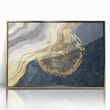 Abstract canvas art showcasing vibrant geometric patterns in shades of blue, orange, and yellow, highlighting modern design elements for contemporary decor.
