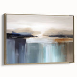 Abstract canvas artwork showcasing vibrant swirling colors of blue, orange, and yellow, ideal for modern home decor or office spaces.