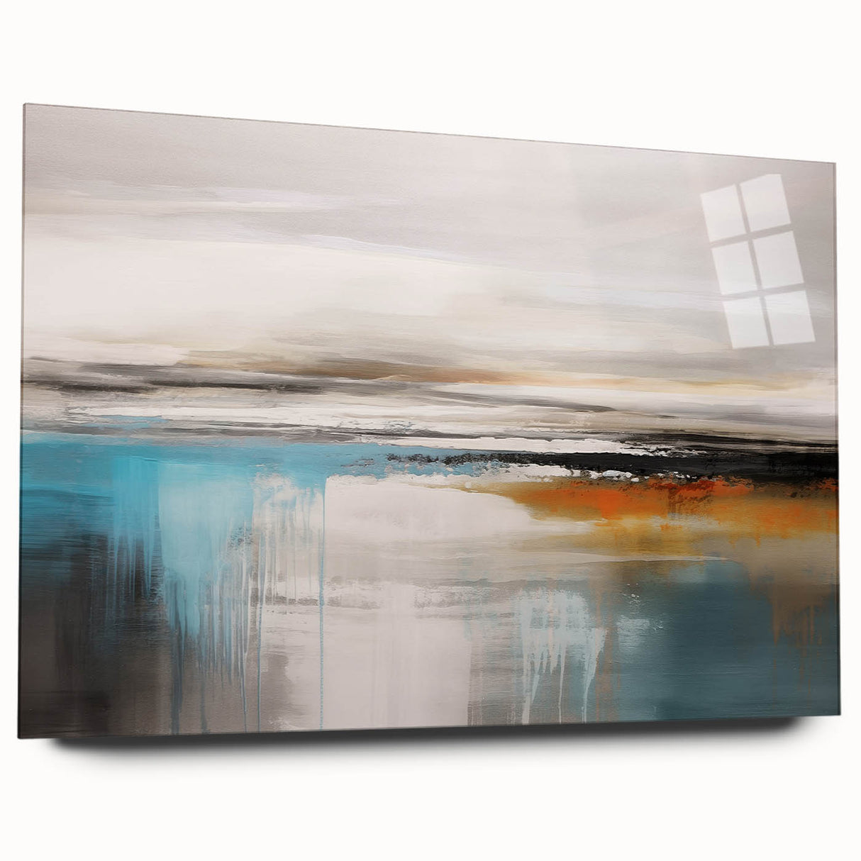 Colorful abstract canvas art print showcasing vibrant geometric shapes and fluid lines in shades of blue, orange, and yellow, perfect for modern decor.