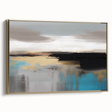 Abstract wall art canvas print showcasing vibrant, swirling colors of blue, orange, and yellow, designed for modern home decor.