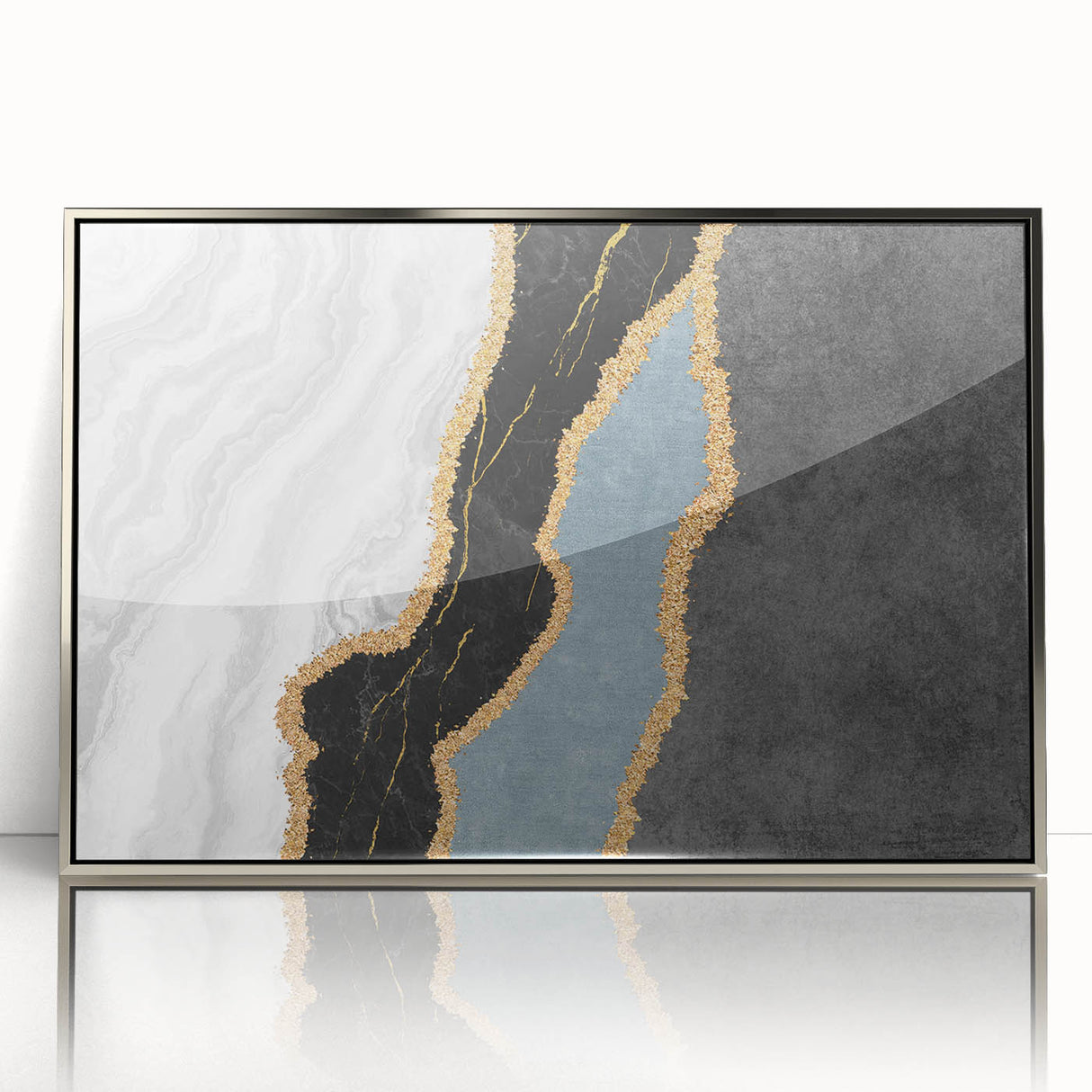 Vibrant abstract wall art canvas print showcasing dynamic shapes in shades of blue, orange, and yellow, perfect for modern decor.