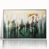 Abstract wall art canvas print showcasing vibrant geometric shapes in shades of blue, orange, and yellow, ideal for modern home decor.