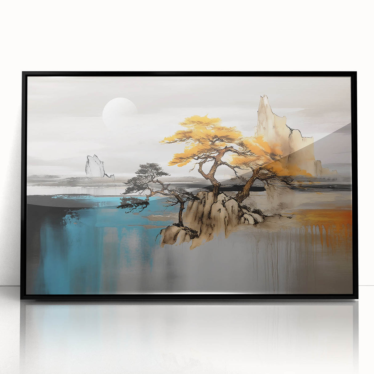 Abstract wall art canvas featuring vibrant blue and gold geometric patterns on a textured surface, elegantly rolled and secured in a protective cardboard tube.