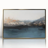 Abstract canvas artwork showcasing vibrant geometric patterns in shades of blue, yellow, and red, rolled and securely packaged in a protective cardboard tube for safe shipping.