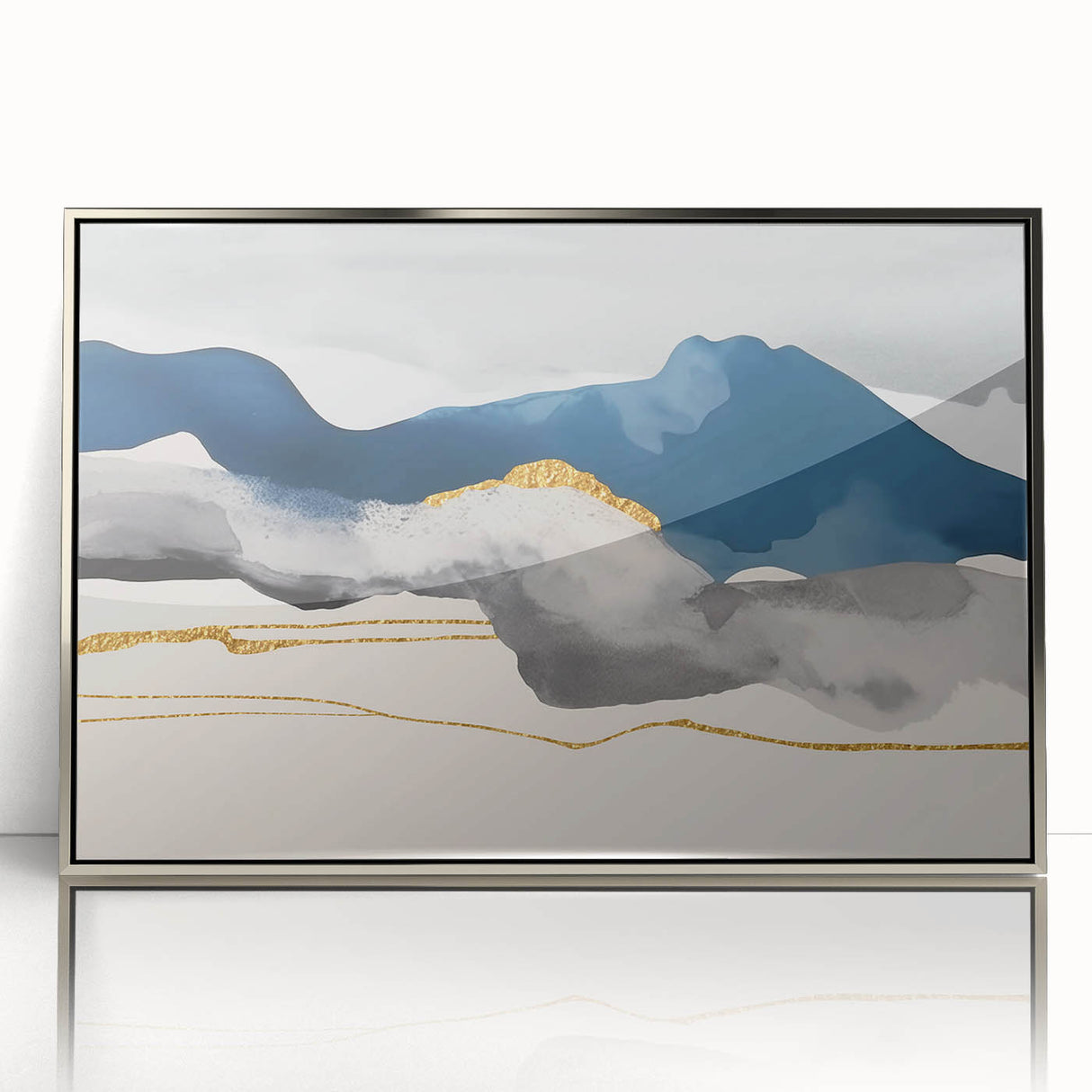 Abstract canvas wall art showcasing vibrant blue and gold swirls, perfect for modern decor, emphasizing fluid motion and creativity.