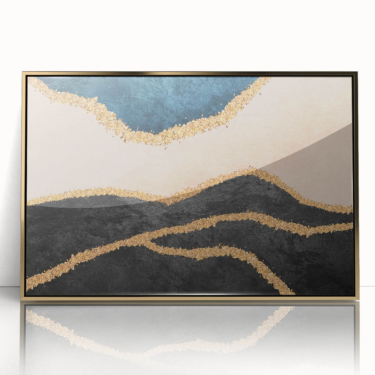 Abstract wall art canvas featuring vibrant splashes of blue, orange, and green with dynamic shapes and textures, ideal for modern decor.