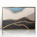 Abstract wall art canvas featuring vibrant splashes of blue, orange, and green with dynamic shapes and textures, ideal for modern decor.